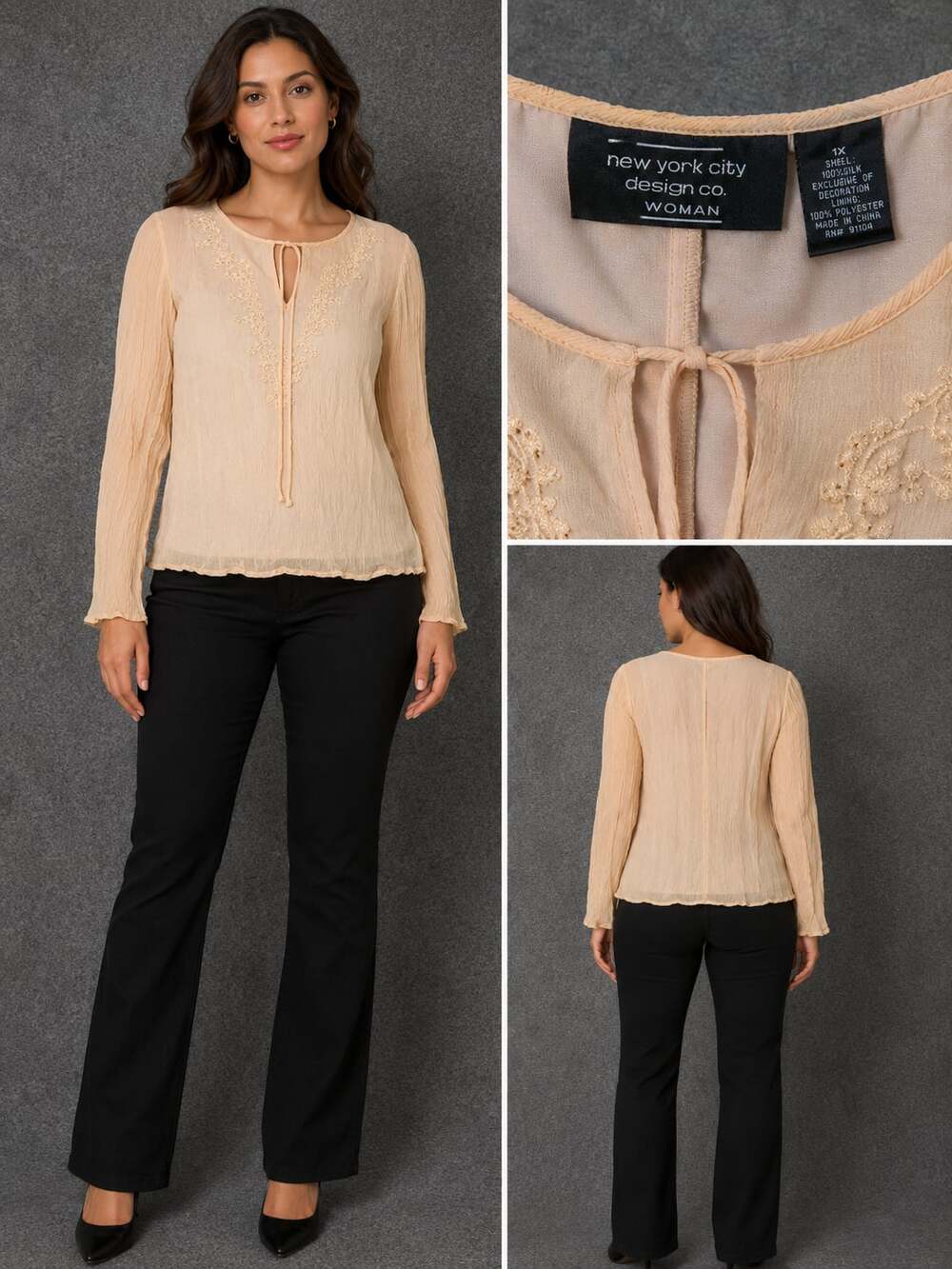 New York City Design Co. Woman Silk Embroidered Keyhole Blouse Peach Size 1X
B12